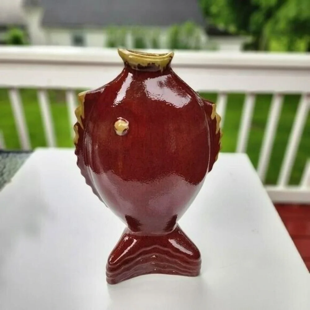 Vintage Pottery Nautical Fish Shaped Vase‎ Terracotta 13.5in Tall